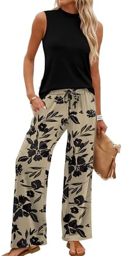 A high mock neckline anchors the cropped sleeveless top, paired with relaxed wide-leg printed pants in floral beige.