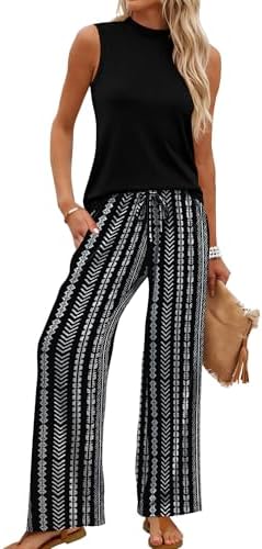 Striped black patterns give this breathable mock-neck top and wide-leg pant set a clean, graphic look for long travel days.