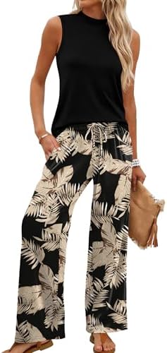 A high mock neckline anchors this two-piece set, paired with breezy wide-leg trousers in a sunny Yellow Leaf botanic print.
