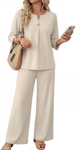 A soft beige knit two-piece set pairs a notched V-neck top with easy wide-leg pants for long flights and relaxed workdays.