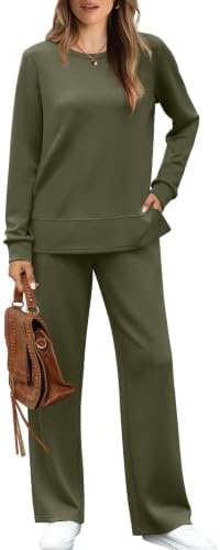 Cut in a muted army green knit, this two-piece set pairs a side-slit crewneck with wide-leg drawstring pants.