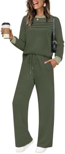Earthy green meets soft beige in this two-piece set, pairing a pleated long sleeve top with wide-leg drawstring pants.