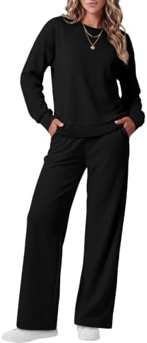 Deep solid black pairs with everything in this relaxed crewneck top and wide-leg pant set cut from stretchy knit.