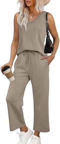 A sleeveless V-neck top pairs with relaxed cropped wide-leg pants in a soft, breathable coffee-toned knit.