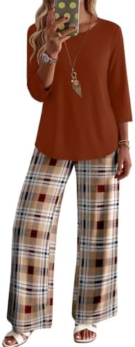 Warm caramel tones and neat plaid make this two-piece set an easy pick for transitional days, complete with side pockets.