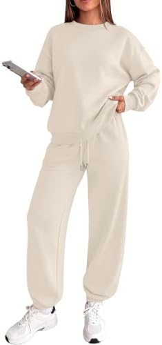 A soft apricot knit set with an oversized crew sweatshirt and relaxed tapered joggers for easy transitional mornings.