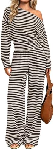 Horizontal black and beige stripes pattern this relaxed two-piece set, pairing an off-shoulder top with wide-leg trousers.