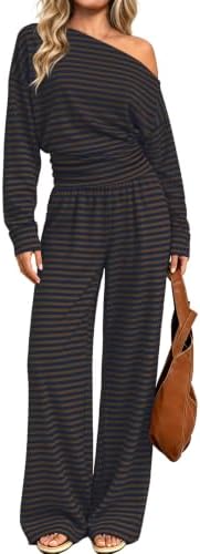 Earthy brown stripes set against cool blue give this off-the-shoulder knit duo a laid-back look for cooler days.