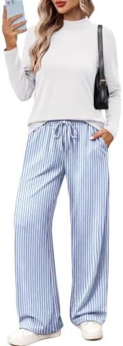 Crisp blue vertical stripes run down this matching set, pairing a mock neck top with breezy wide leg trousers for easy travel.