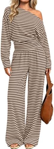 Warm coffee and beige stripes run across this soft two-piece set, cut with an asymmetrical off-shoulder neckline and wide legs.