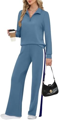 Spun from lightweight spacer knit in cool grey blue, this matching set pairs a half zip pullover with easy wide leg pants.