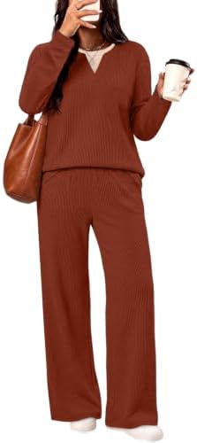 Spun in a rich caramel shade, this textured knit two-piece pairs a long sleeve V-neck top with easy wide-leg pants.