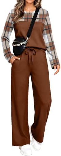 Warm earth tones define this brown plaid two-piece set, cut with a relaxed crew neck top and easy wide-leg pants.