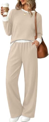Brushed fleece lining and a soft beige shade give this crewneck and wide-leg pant set an easy, light look for cooler days.