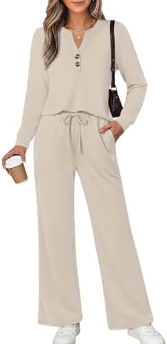 Airy spacer knit pairs a notched V-neck top with wide-leg trousers for a coordinated beige set that packs light and travels well.