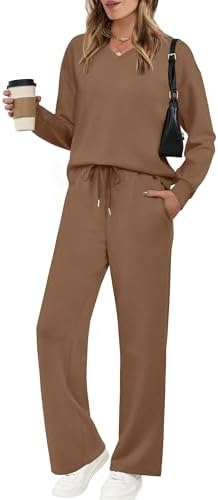 A deep brown knit lounge set pairs a dropped-shoulder V-neck with wide-leg pants for relaxed weekends and travel days.