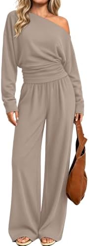 Rich brown tones define this two-piece set, combining an asymmetrical off-shoulder top with relaxed wide leg lounge pants.