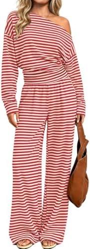 Warm red and creamy beige horizontal bands bring crisp graphic balance to this relaxed off-shoulder lounge set.