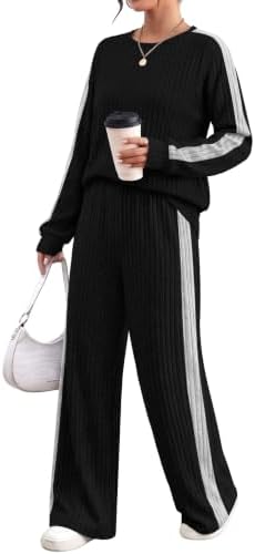 Ribbed knit fabric shapes this two-piece set, pairing a long sleeve crewneck top with relaxed wide leg pants.