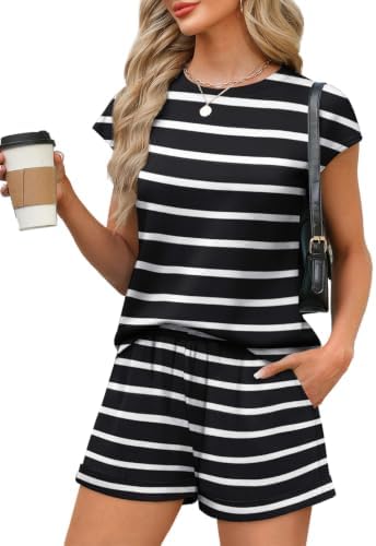 Crisp white horizontal stripes give this two-piece lounge set a fresh nautical mood for warm morning walks and easy weekends.