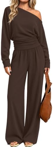 A slanted off-shoulder neckline and wide-leg trousers make this coffee knit set an easy match for crisp mornings and long flights.