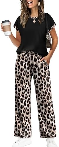 Contrast trim along the crew neckline pairs with leopard-print palazzo pants cut from a soft, stretchy knit.