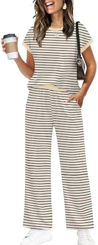 Bold black trim frames this soft beige set, pairing a relaxed crew tee with breezy wide-leg pants for easy travel days.