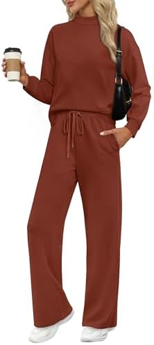 Cut in a rich caramel spacer knit, this two-piece set pairs a high mock neck top with drapey wide-leg pants for easy travel days.
