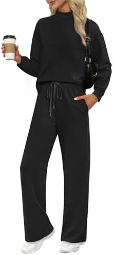 A deep black two-piece set combining a mock neck long sleeve top with airy wide-leg pants for easy travel days.
