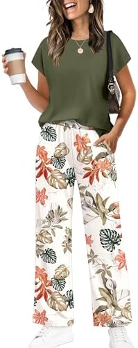 Contrast stripes in green, beige, and warm orange give this soft knit crew-neck tee and wide-leg pant set a sunny resort feel.