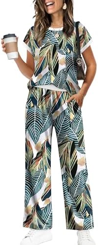 Tonal green, blue, and white striping shapes this breezy two-piece set, cut with a cropped crew tee and matching wide-leg pants.