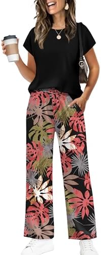 Contrast pink trim sharpens this black knit lounge set, pairing a relaxed crew-neck tee with easy wide-leg pants.