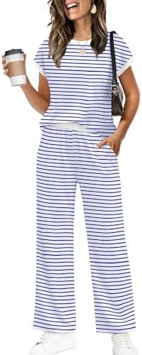 Crisp blue jersey meets bright white contrast binding on a cropped crew-neck tee and wide-leg matching pants.
