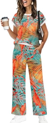 Vibrant green meets warm orange trim on this breezy two-piece set, cut with a cropped crew-neck tee and wide-leg pants.