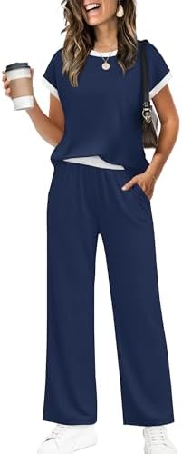 Deep navy blue grounds this two-piece set, pairing a trimmed crew-neck tee with roomy wide-leg pants for easy packing.