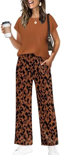 Warm orange brown tones and contrast trim give this soft knit tee and wide-leg pant set a grounded summer look.