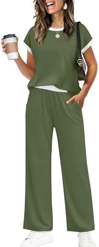 A cool green matching set with a contrast-trim cropped tee and relaxed, pocketed wide-leg trousers that pack light for warm getaways.