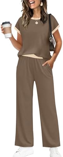 Soft khaki knit sets off white contrast trim on a cropped crew tee paired with roomy wide-leg pants.