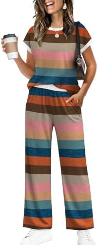 A soft stretch-knit duo pairing a crew-neck tee with contrast trim and breezy wide-leg pants that feature deep side pockets.