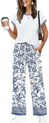 Crisp blue contrast trim outlines this white two-piece set, giving the soft knit tee and wide-leg pants a clean nautical finish.