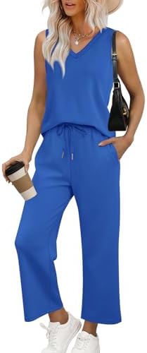 Sleeveless V-neck top meets wide-leg cropped pants in a bold royal blue knit that packs light for travel.