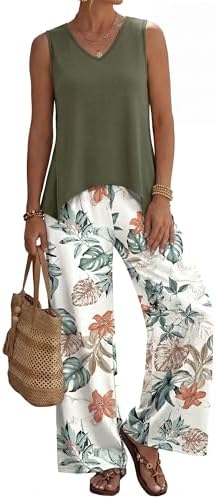 An olive floral two-piece set cut from stretchy knit with an airy sleeveless tank and fluid wide-leg pants.