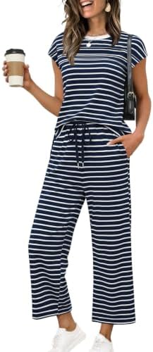 Crisp navy blue stripes run across this airy two-piece set, cut with cap sleeves and cropped wide-leg pants for travel days.