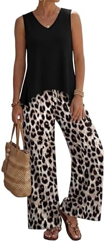 A muted black leopard print pairs a vented sleeveless top with wide-leg trousers in a smooth stretch knit.