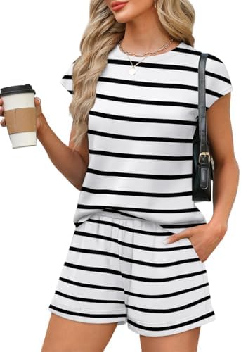 Crisp black stripes give this soft cap-sleeve tee and pull-on shorts set a sharp, pulled-together look for relaxed summer mornings.