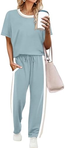 Airy spacer knit in lake blue pairs a short sleeve tee with wide leg cropped pants for warm days.