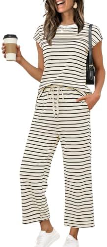 Soft beige stripes run across this airy knit set featuring a cap-sleeve top and cropped wide-leg pants with an elastic waist.