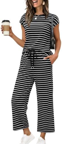 Crisp black stripes give this breezy two-piece set a sharp nautical feel for long travel days and sunny resort afternoons.