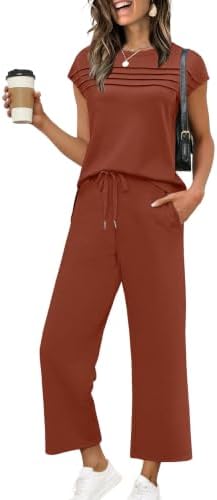 Spun in a rich caramel tone, this spacer-knit duo pairs a pleated cap-sleeve top with cropped wide-leg pants.