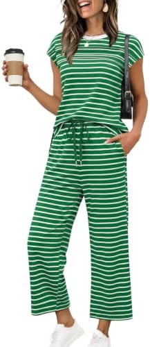 Crisp green stripes run down this breezy two-piece set, pairing a cap-sleeve top with cropped wide-leg pants.